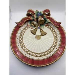 Fitz and Floyd Classics Christmas Bell Plaid Ribbon Decorative Plate 9.5"